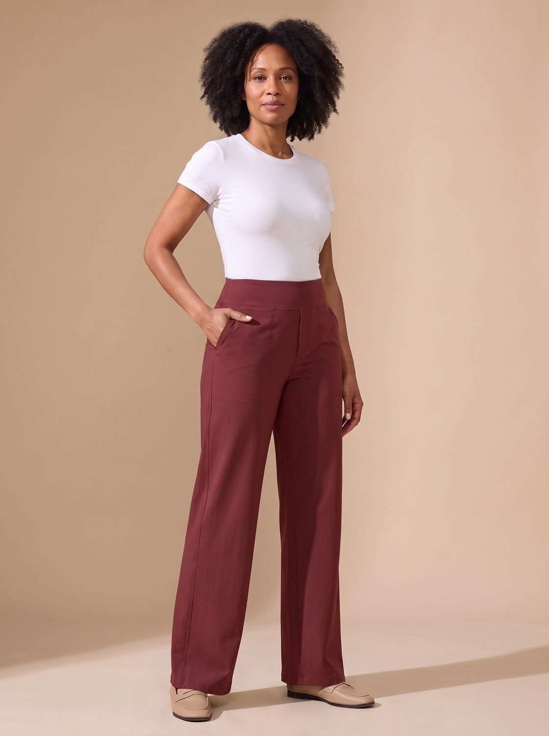 Women's High-Waisted Wide-Leg Stretch Pants with Pockets