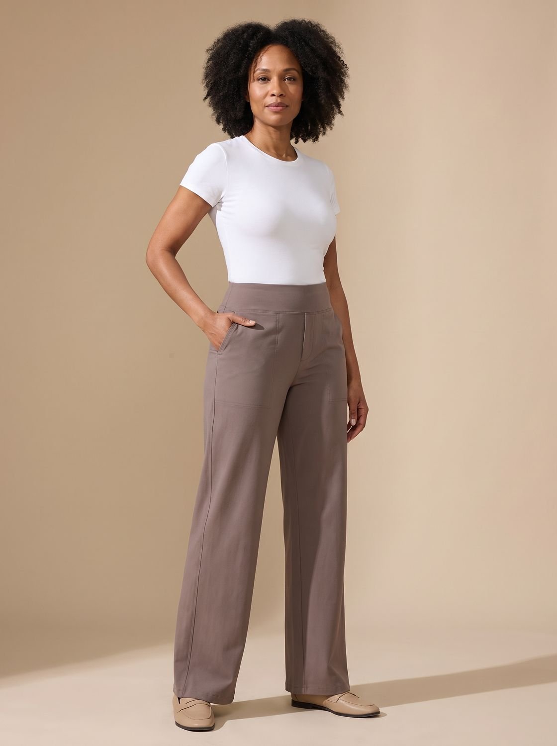 Women's High-Waisted Wide-Leg Stretch Pants with Pockets