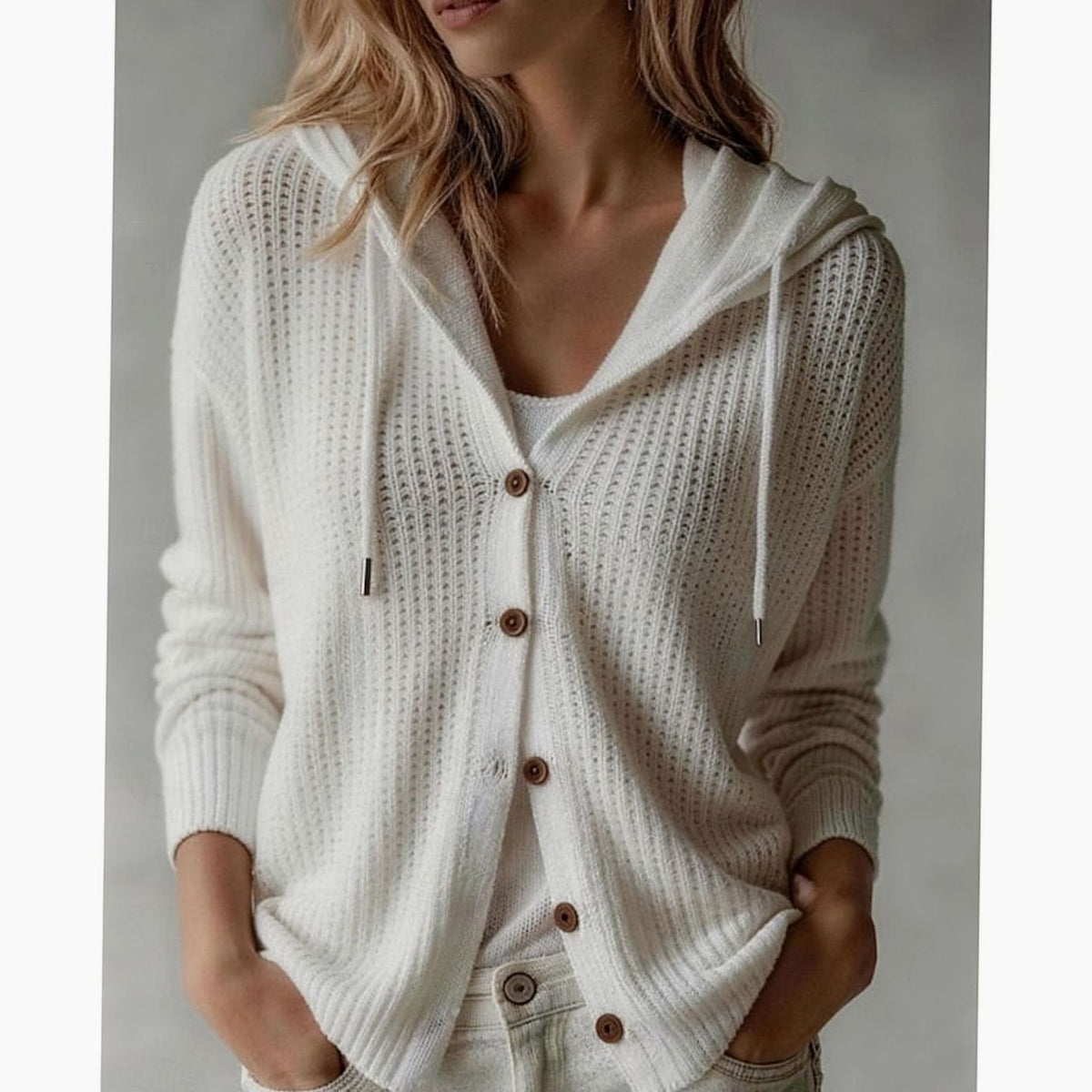 Women's Hooded Button-Front Waffle-Knit Cardigan