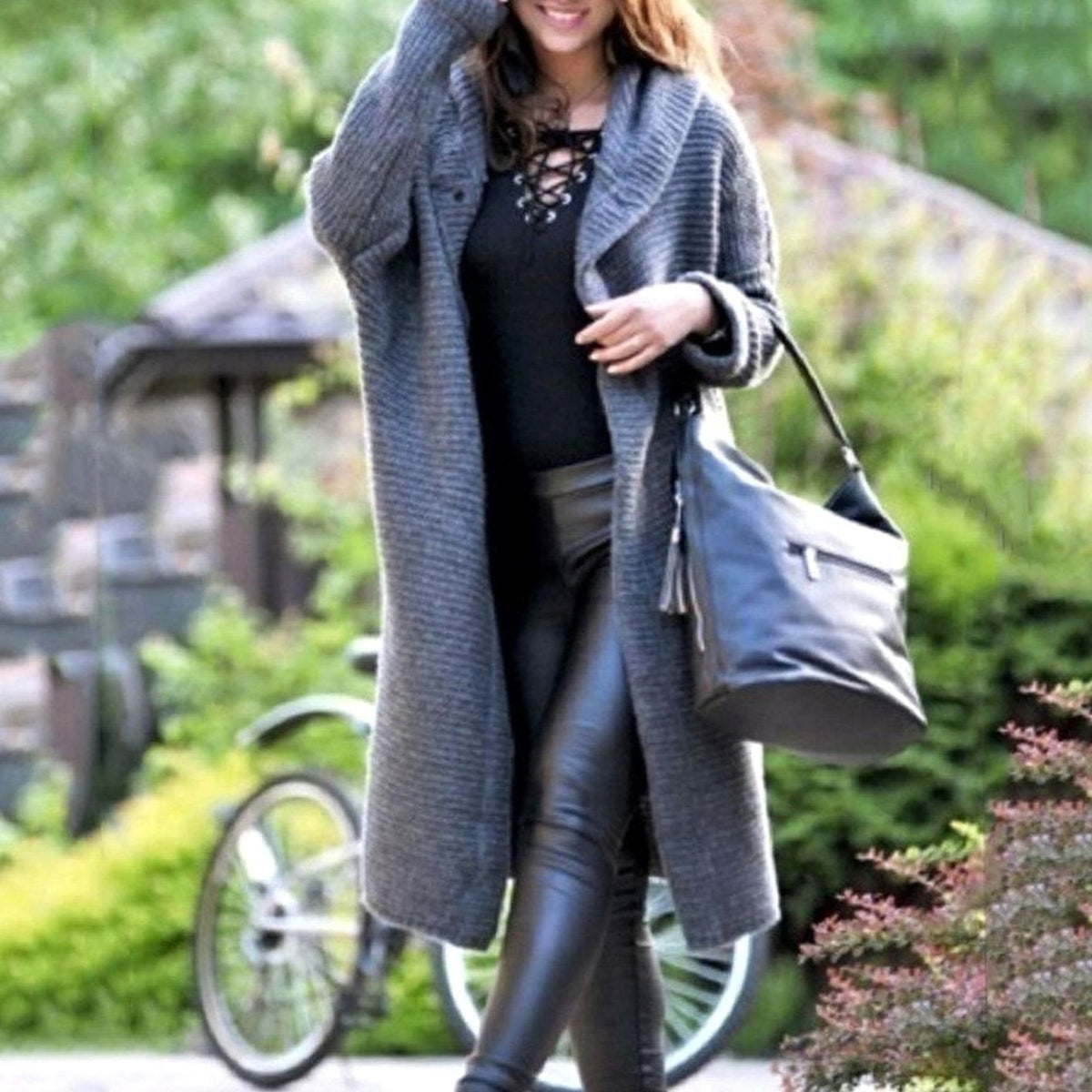 Women's Hooded Long Ribbed Knit Open-Front Maxi Cardigan