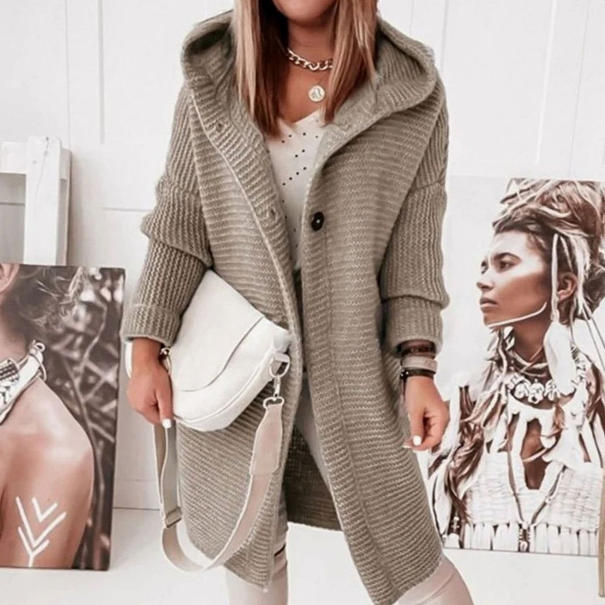 Women's Hooded Open-Front Long Knit Winter Cardigan