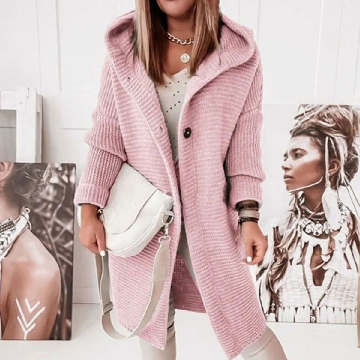 Women's Hooded Open-Front Long Knit Winter Cardigan