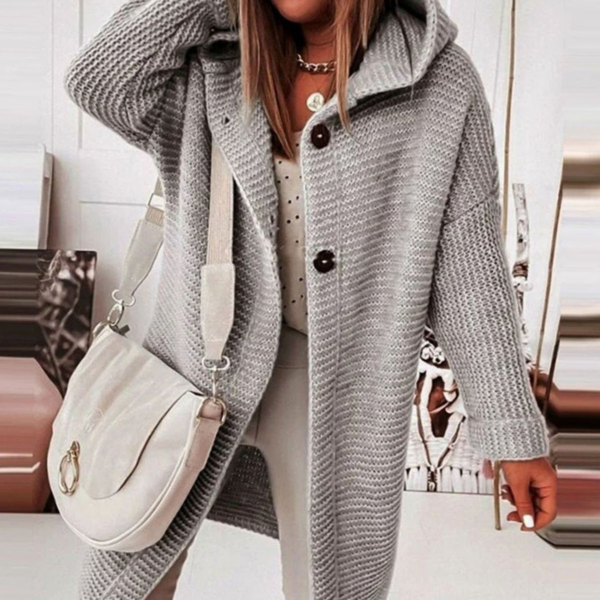 Women's Hooded Open-Front Long Knit Winter Cardigan