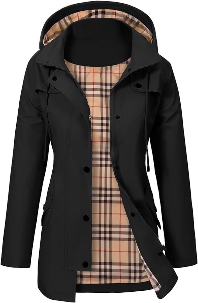 Women's Hooded Waterproof Plaid-Lined Raincoat