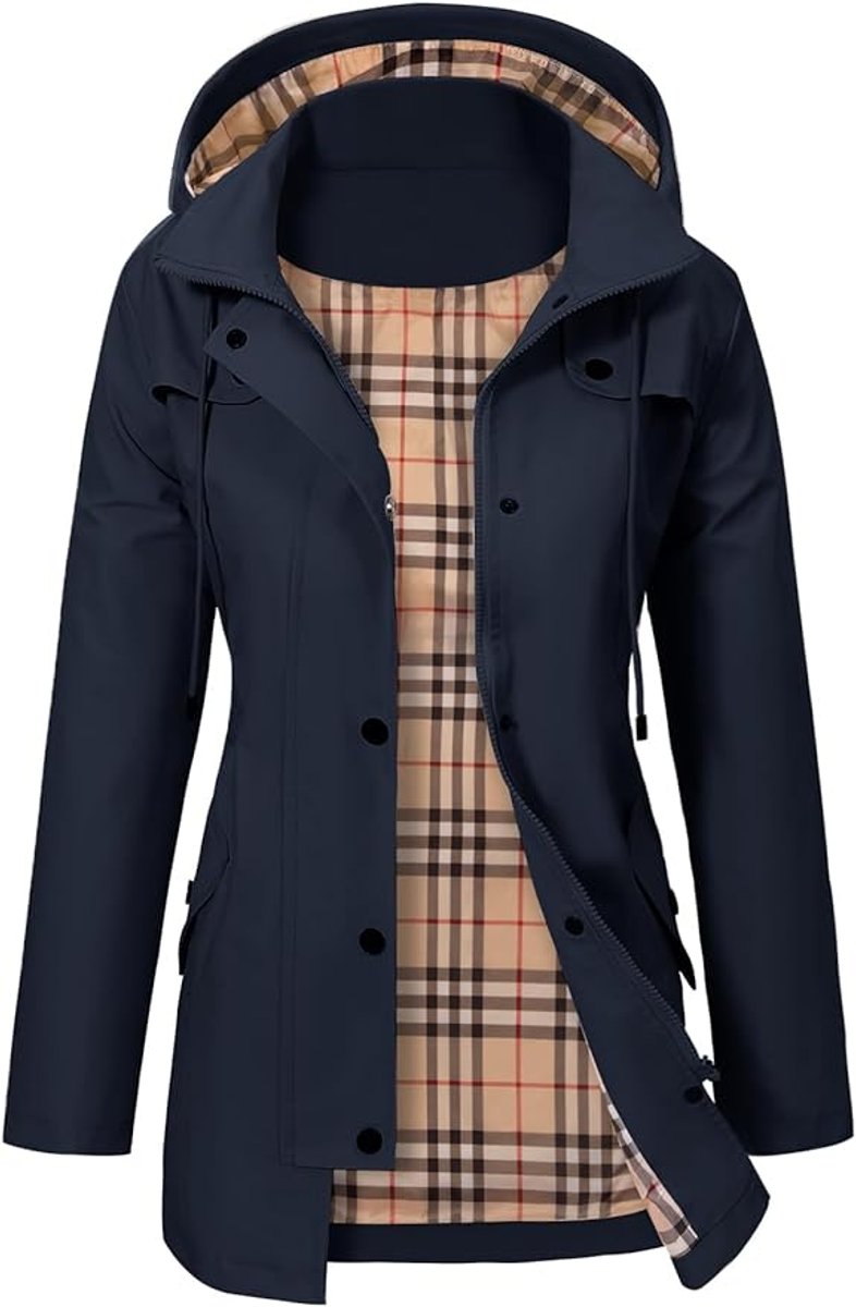 Women's Hooded Waterproof Plaid-Lined Raincoat