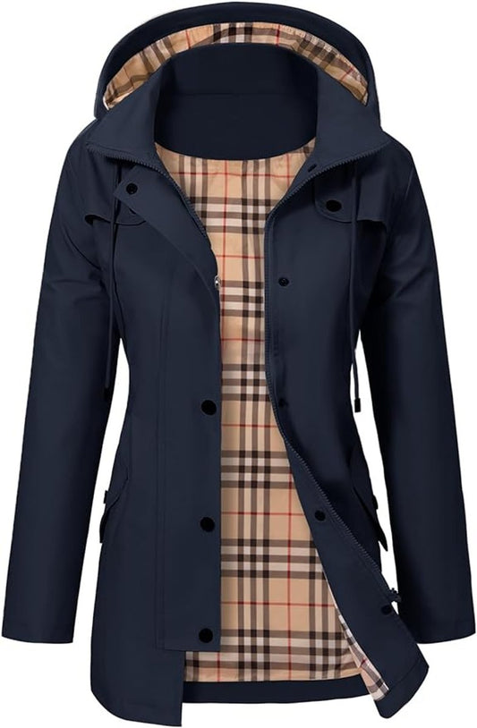 Women's Hooded Waterproof Plaid-Lined Raincoat