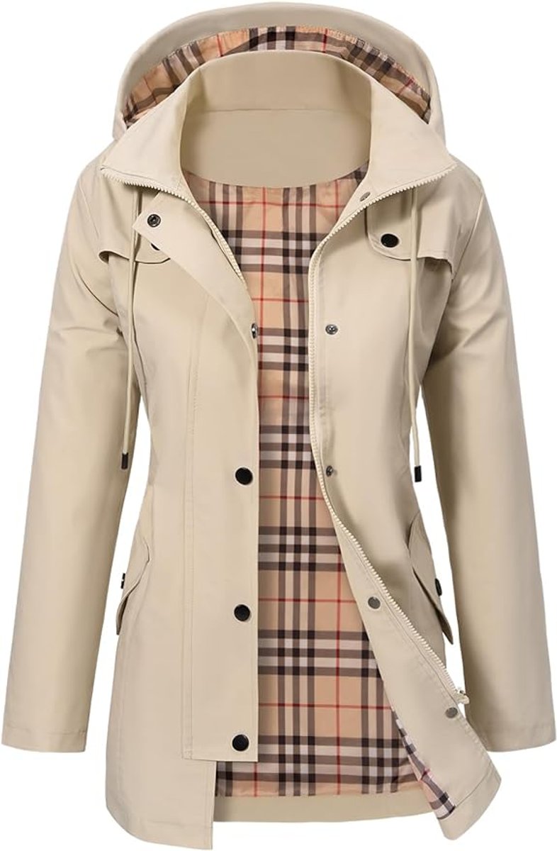 Women's Hooded Waterproof Plaid-Lined Raincoat