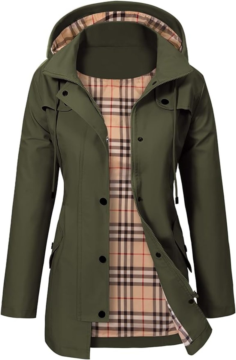 Women's Hooded Waterproof Plaid-Lined Raincoat