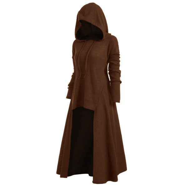 Women's Knitted Hooded Coat with Flared Maxi Skirt and Asymmetrical Hem