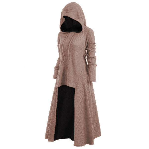 Women's Knitted Hooded Coat with Flared Maxi Skirt and Asymmetrical Hem