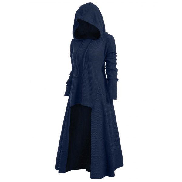 Women's Knitted Hooded Coat with Flared Maxi Skirt and Asymmetrical Hem
