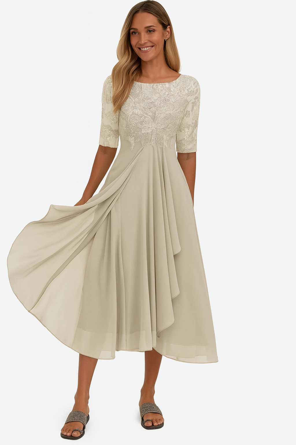 Women's Lace Chiffon Fit-and-Flare Midi Dress