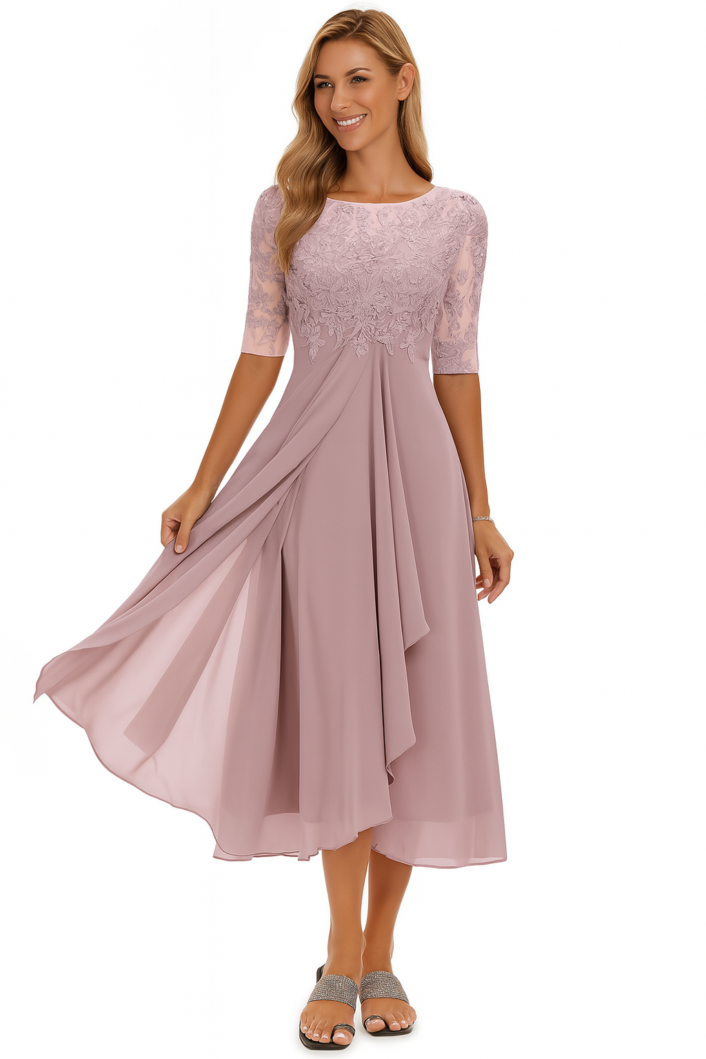 Women's Lace Chiffon Fit-and-Flare Midi Dress