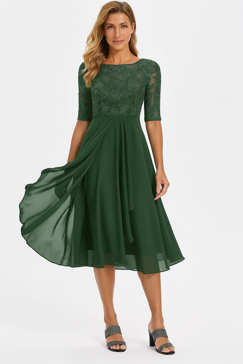Women's Lace Chiffon Fit-and-Flare Midi Dress