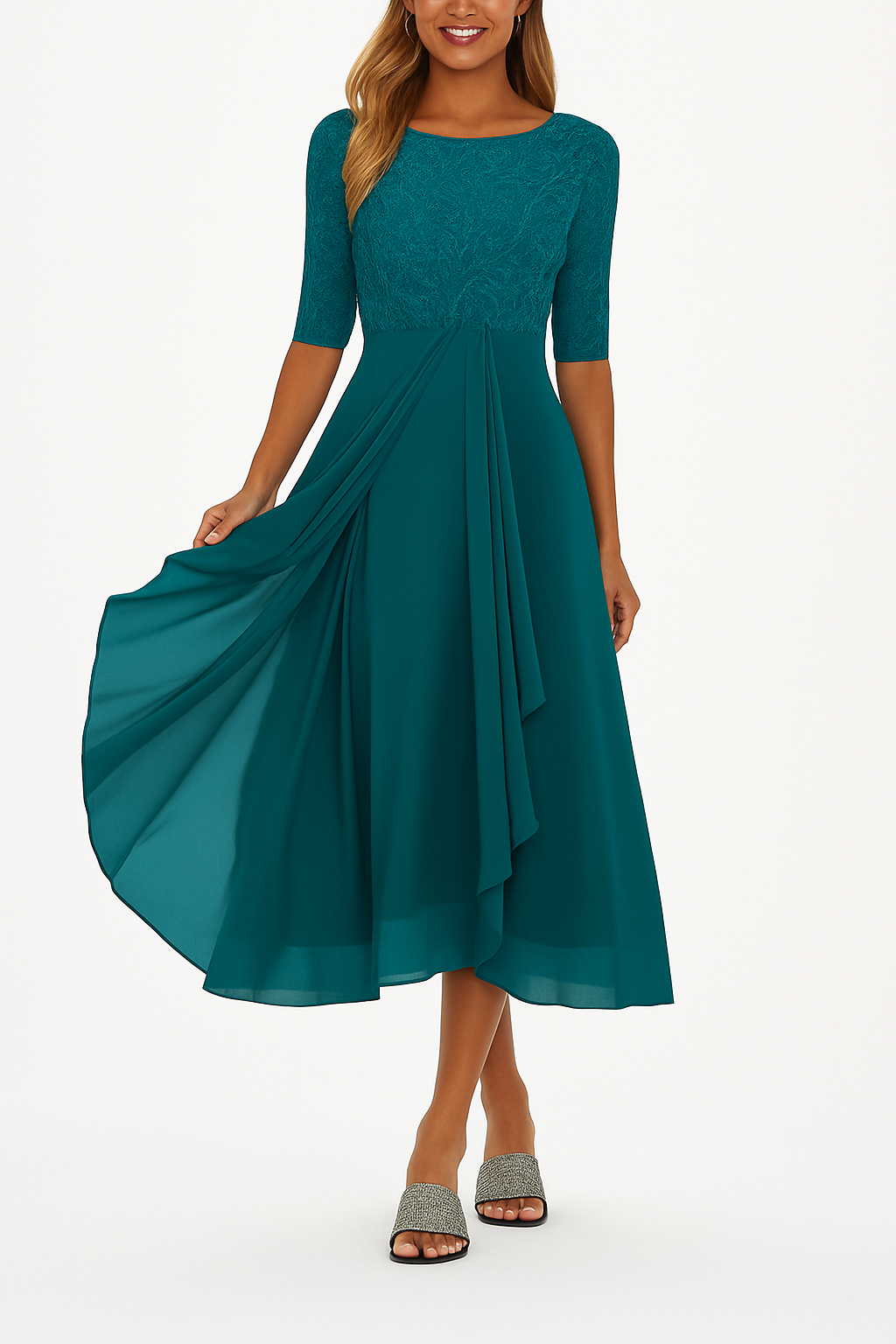 Women's Lace Chiffon Fit-and-Flare Midi Dress
