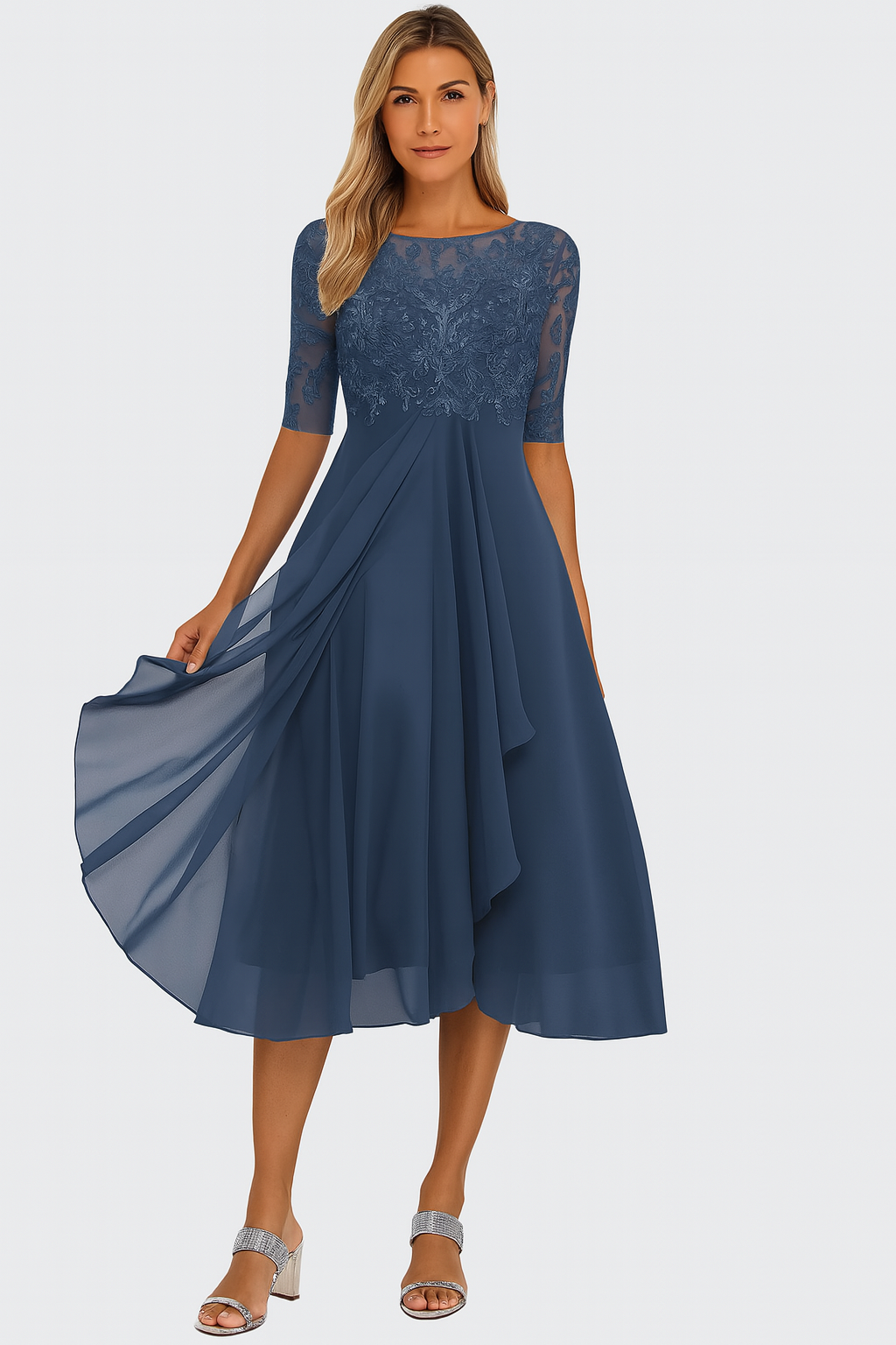 Women's Lace Chiffon Fit-and-Flare Midi Dress
