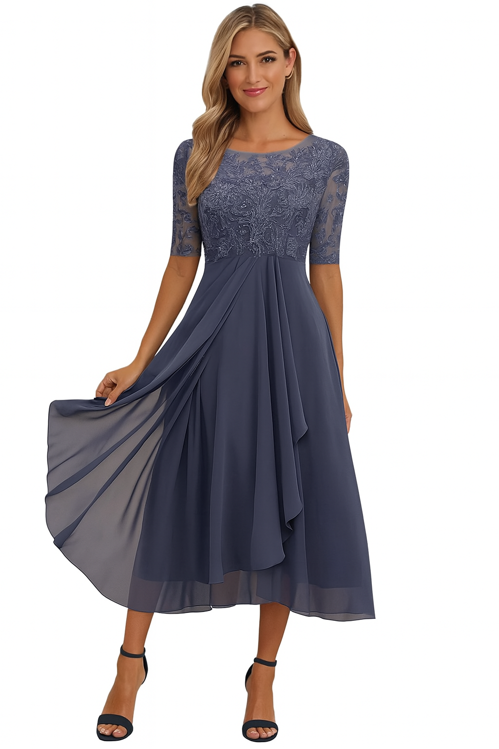 Women's Lace Chiffon Fit-and-Flare Midi Dress