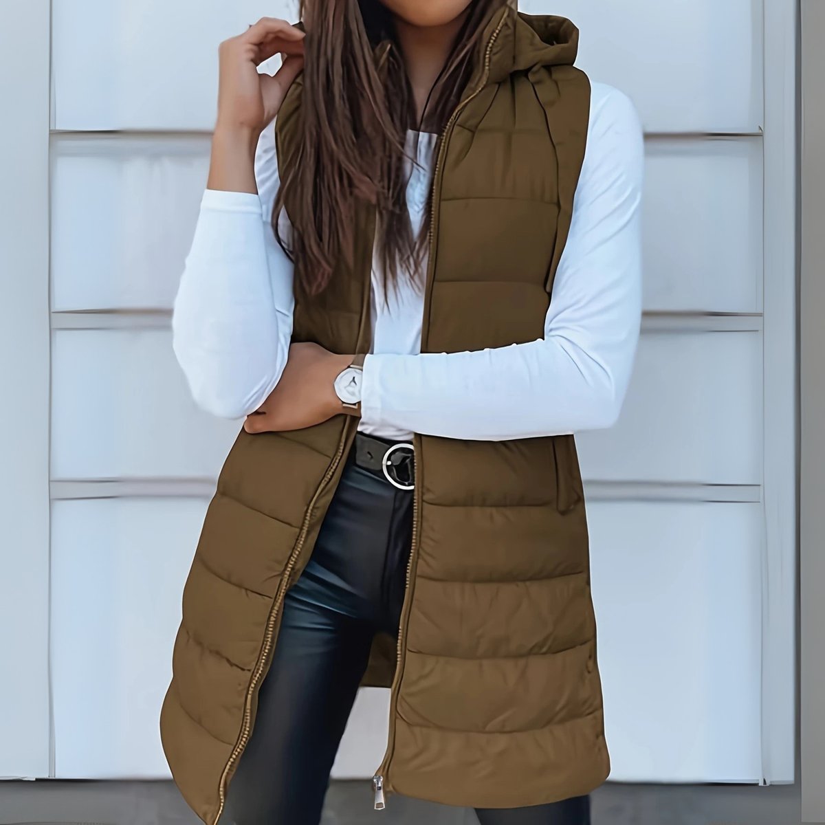 Women's Long Hooded Sleeveless Lightweight Puffer Vest Layering Gilet