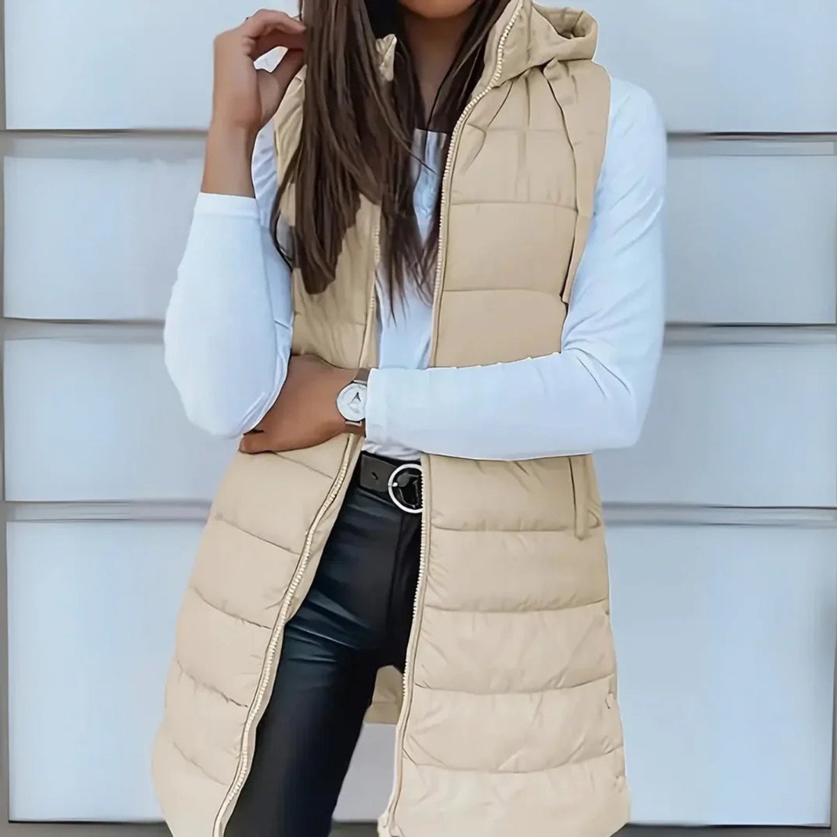 Women's Long Hooded Sleeveless Lightweight Puffer Vest Layering Gilet