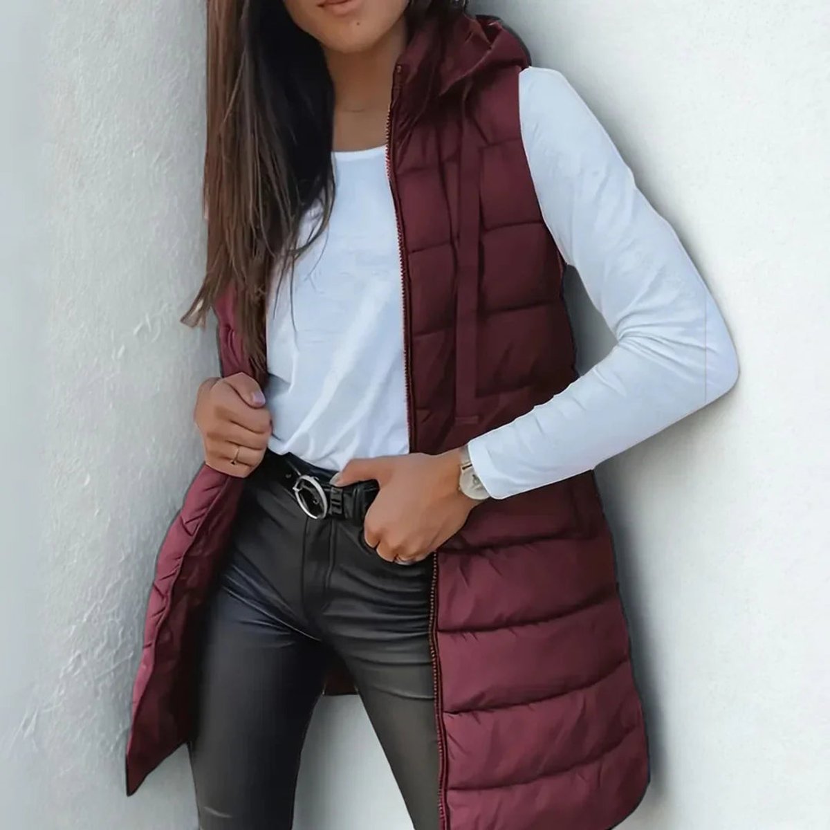 Women's Long Hooded Sleeveless Lightweight Puffer Vest Layering Gilet