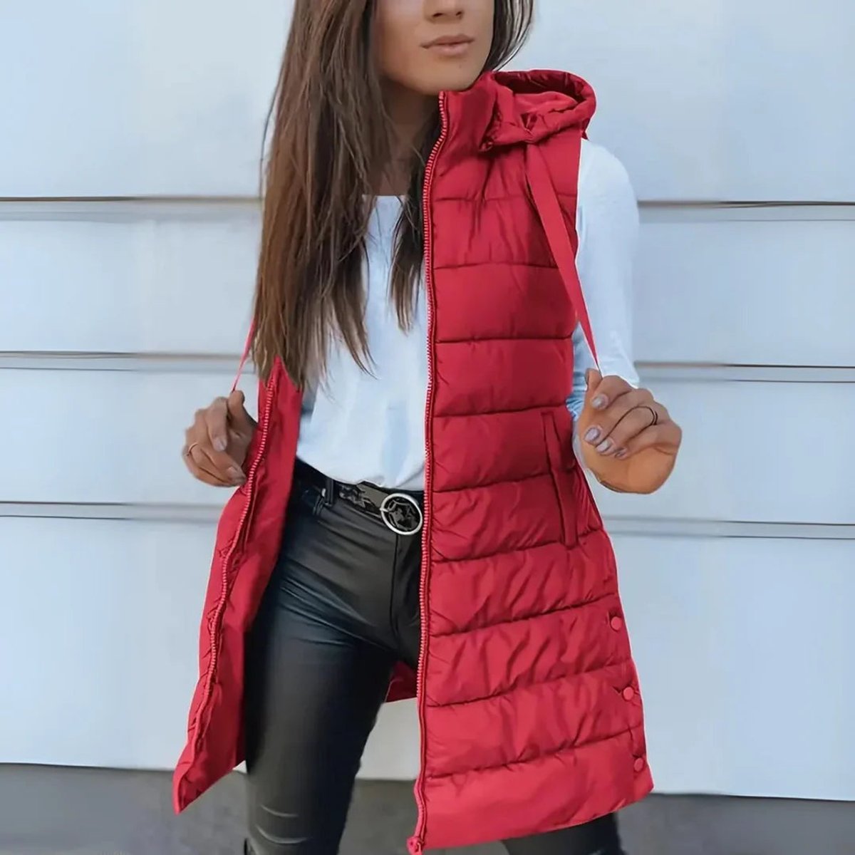 Women's Long Hooded Sleeveless Lightweight Puffer Vest Layering Gilet