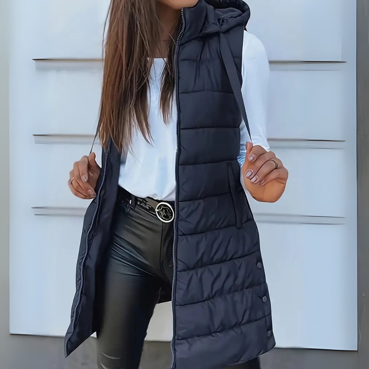 Women's Long Hooded Sleeveless Lightweight Puffer Vest Layering Gilet