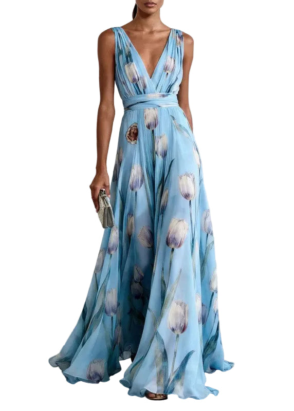 Women's Long Party Dress with Blue Print and Loose Skirt