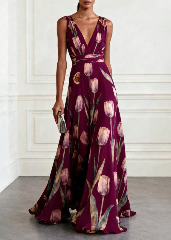 Women's Long Party Dress with Blue Print and Loose Skirt