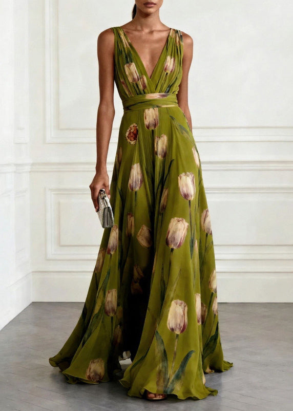 Women's Long Party Dress with Blue Print and Loose Skirt