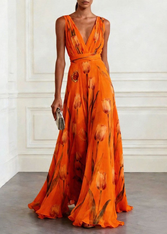 Women's Long Party Dress with Blue Print and Loose Skirt