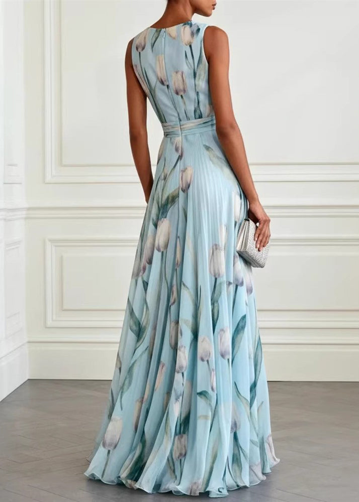 Women's Long Party Dress with Blue Print and Loose Skirt