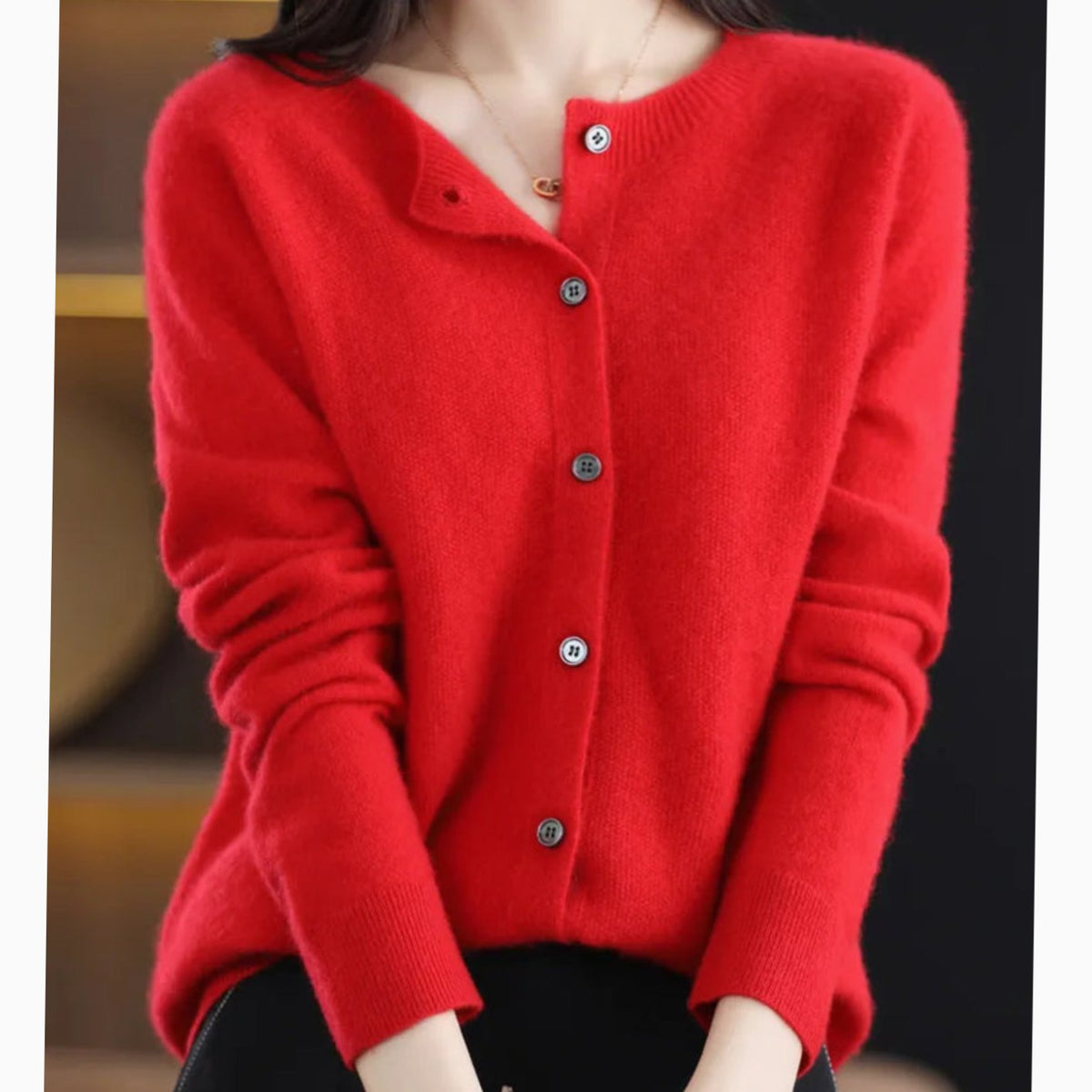 Women's Long Sleeve Crew Neck Button-Up Merino Wool Cardigan Sweater