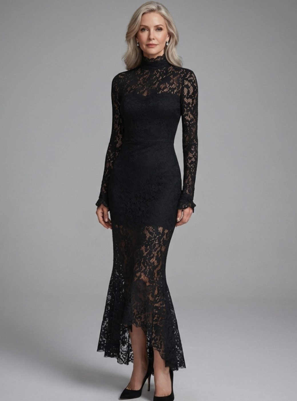 Women's Long-Sleeve High-Neck Lace Mermaid Midi Dress