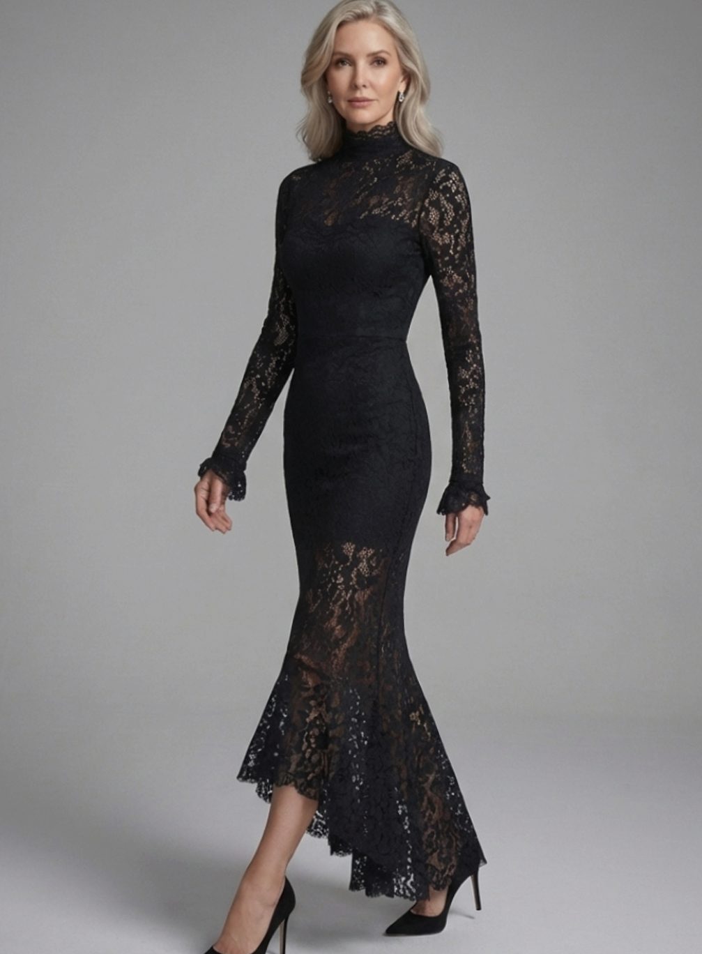 Women's Long-Sleeve High-Neck Lace Mermaid Midi Dress