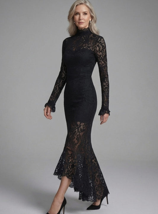 Women's Long-Sleeve High-Neck Lace Mermaid Midi Dress