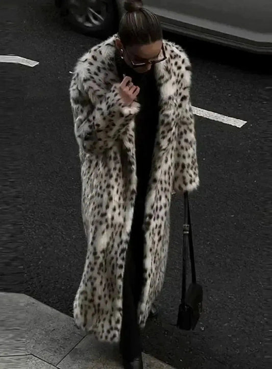 Women's Longline Leopard Print Faux Fur Coat