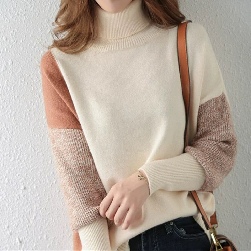 Women's Loose-Fit Wool-Blend Turtleneck Sweater with Ribbed Cuffs and Hem