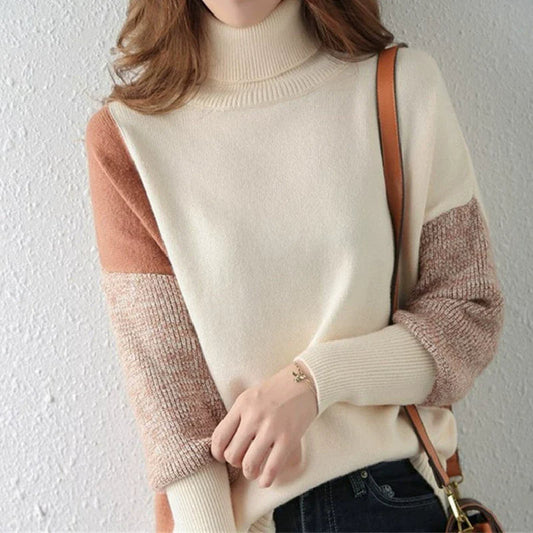Women's Loose-Fit Wool-Blend Turtleneck Sweater with Ribbed Cuffs and Hem
