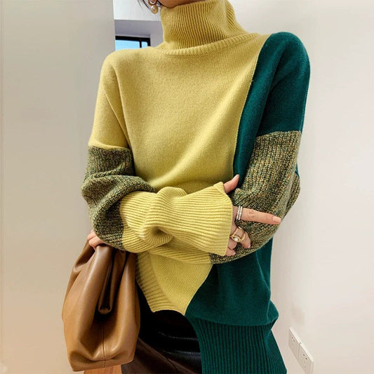 Women's Loose-Fit Wool-Blend Turtleneck Sweater with Ribbed Cuffs and Hem