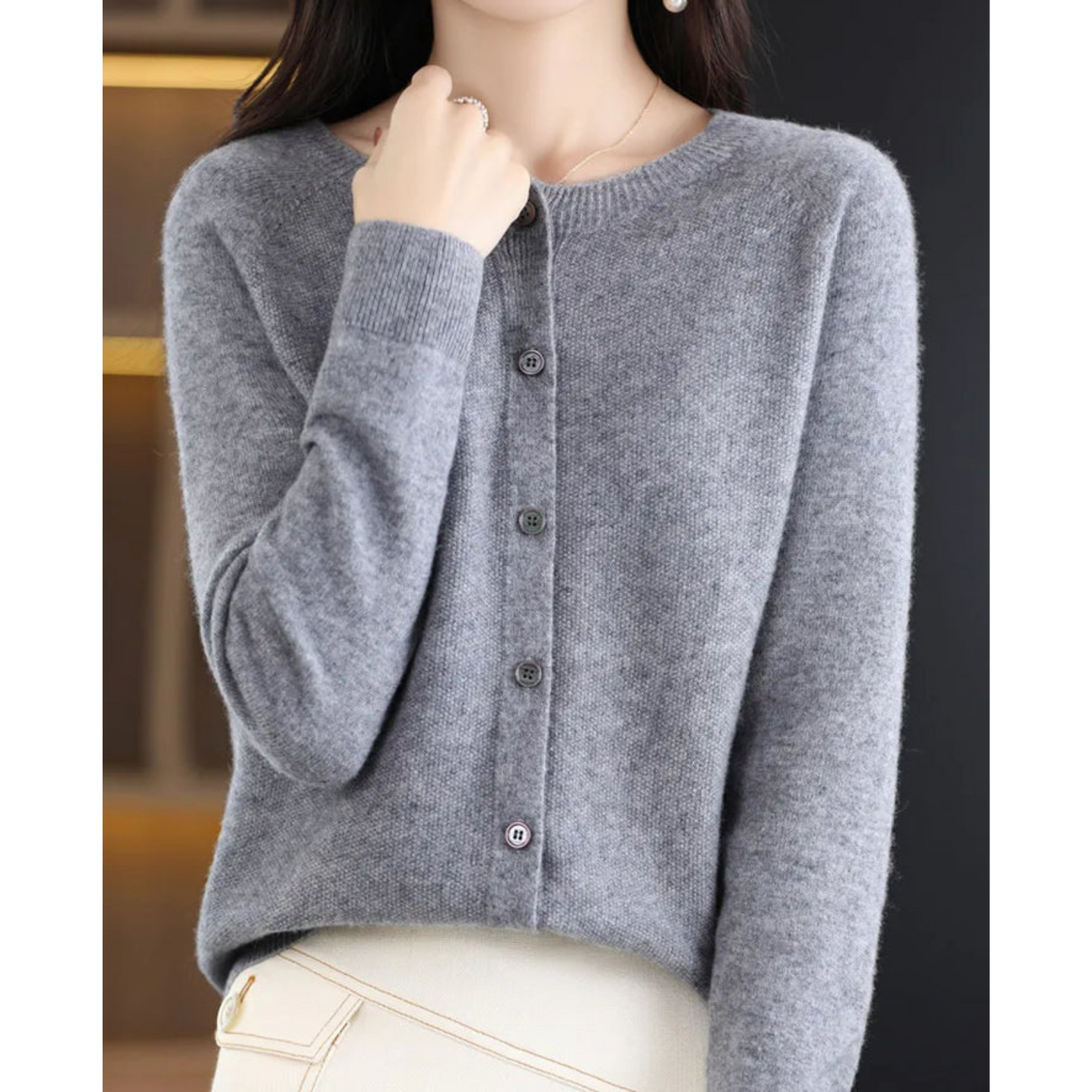 Women's O-neck Cardigan with Elegant Design