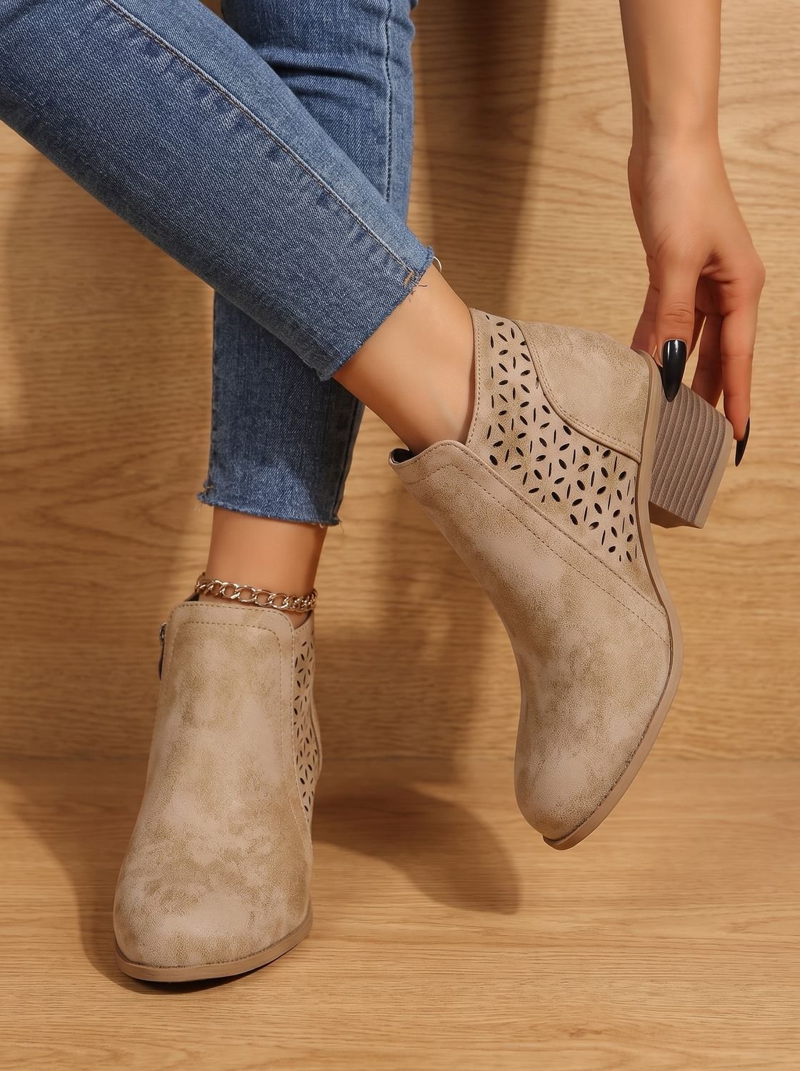 Women's Orthopedic Laser-Cut Block-Heel Ankle Boots