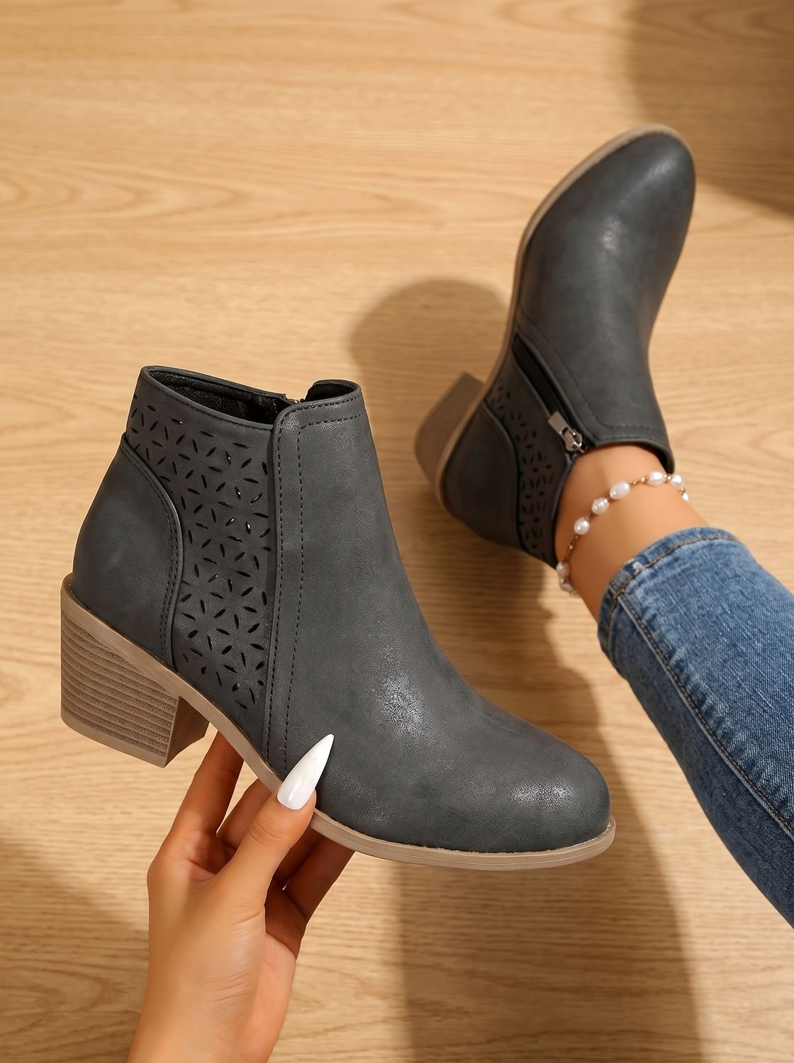 Women's Orthopedic Laser-Cut Block-Heel Ankle Boots