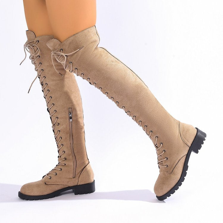 Women's Over-the-Knee Lace-Up Boots with Side Zipper and Textured Rubber Sole