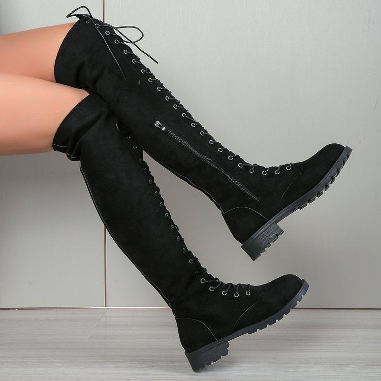 Women's Over-the-Knee Lace-Up Boots with Side Zipper and Textured Rubber Sole