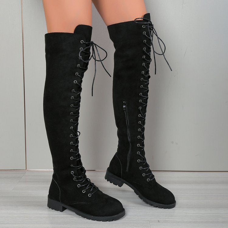 Women's Over-the-Knee Lace-Up Boots with Side Zipper and Textured Rubber Sole