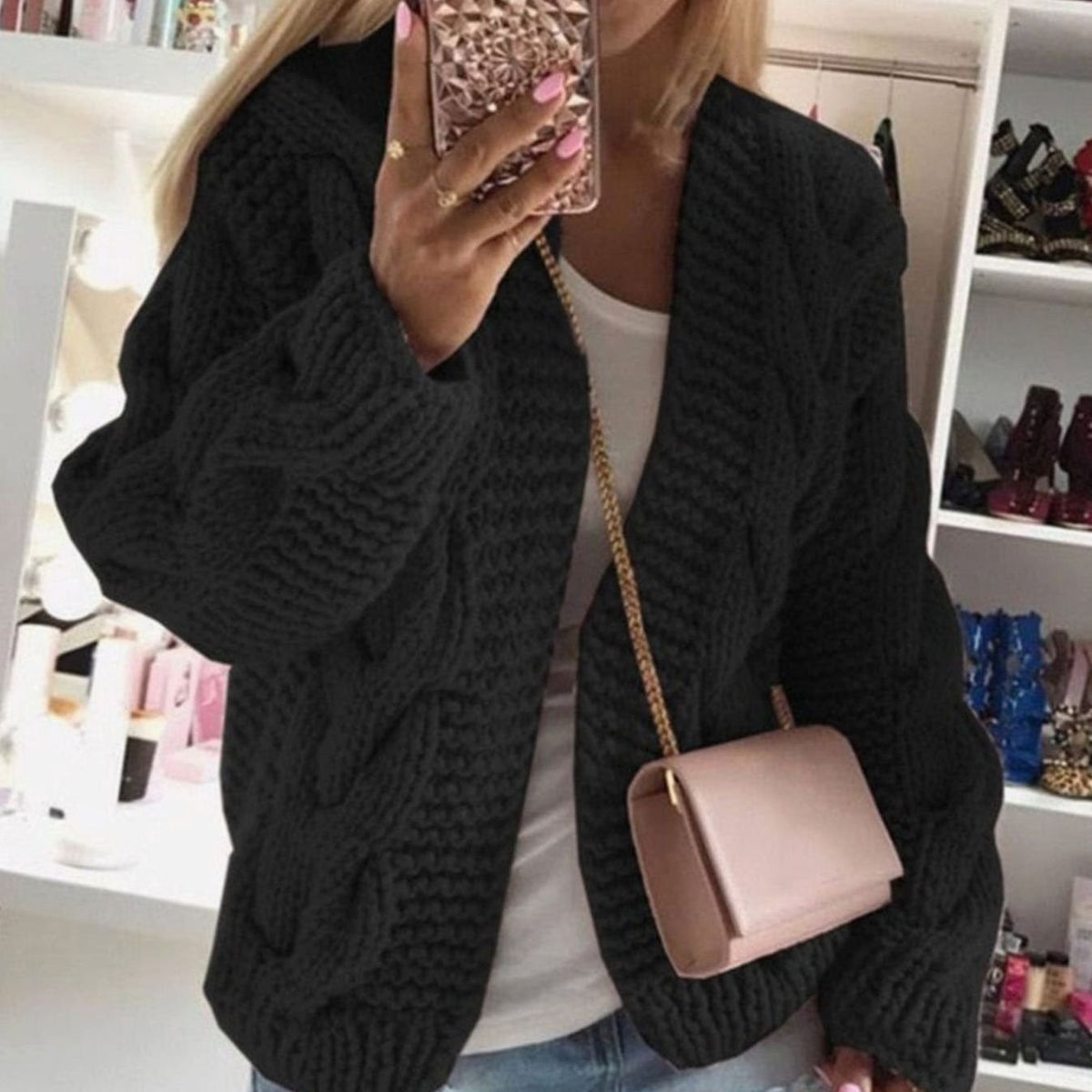 Women's Oversized Cable Knit Open-Front Chunky Cardigan