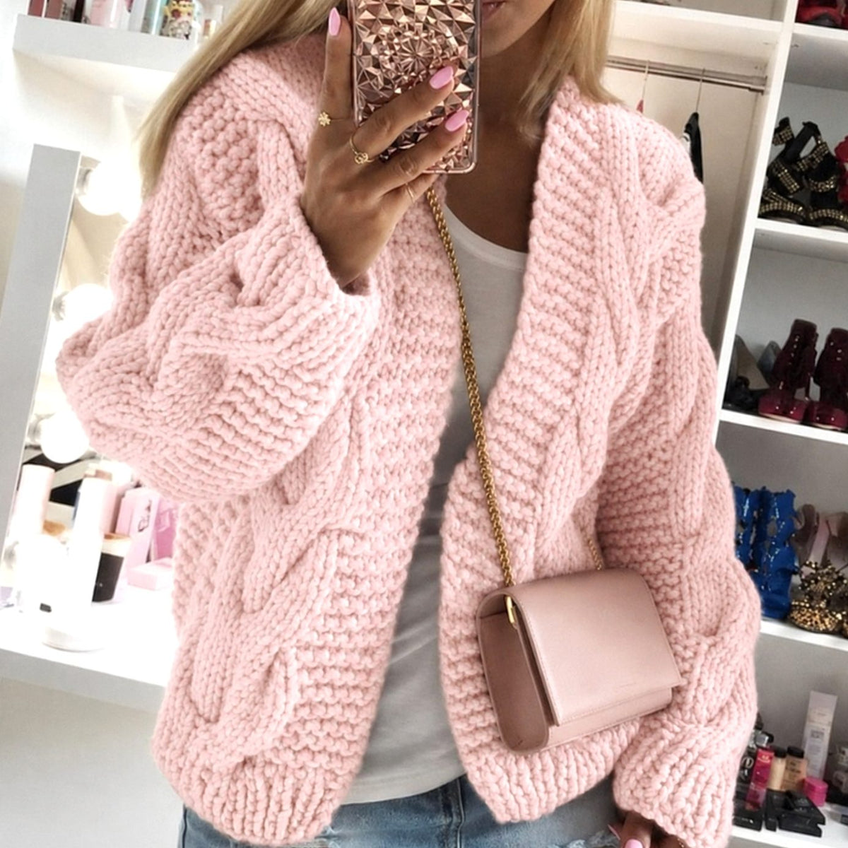 Women's Oversized Cable Knit Open-Front Chunky Cardigan