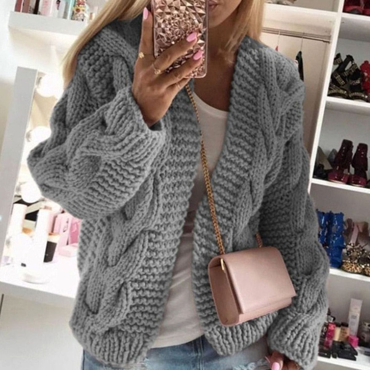 Women's Oversized Cable Knit Open-Front Chunky Cardigan