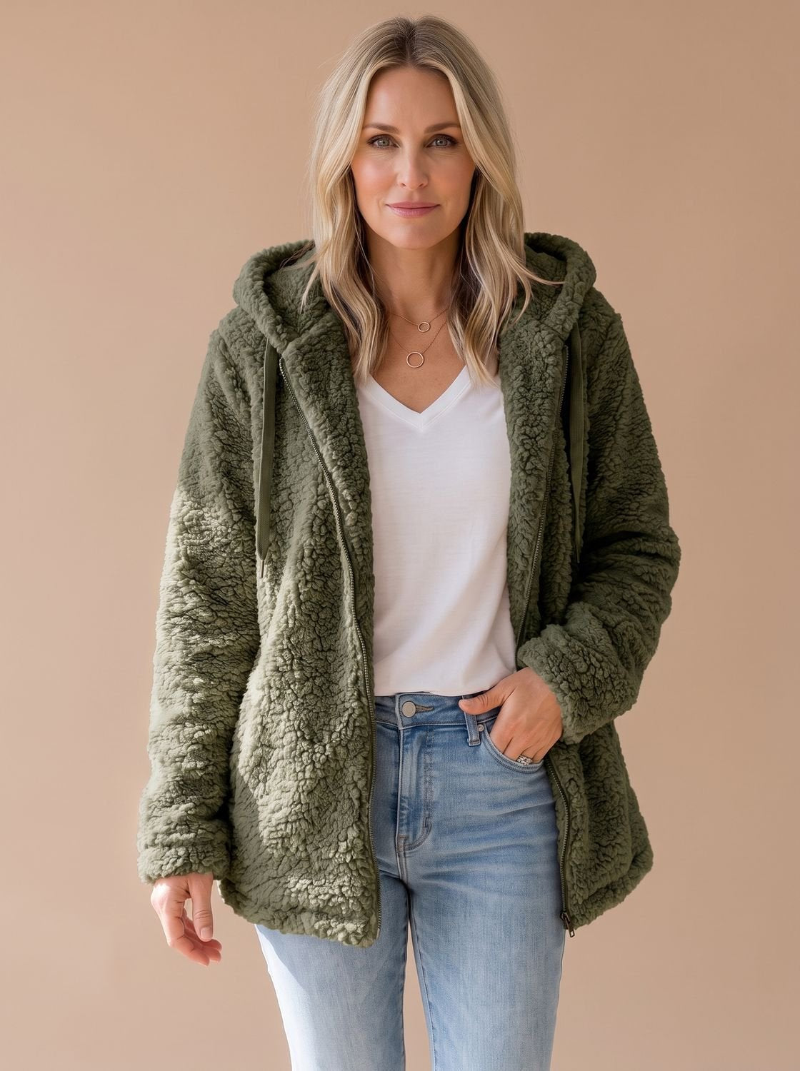 Women's Oversized Hooded Teddy Fleece Zip-Up Coat