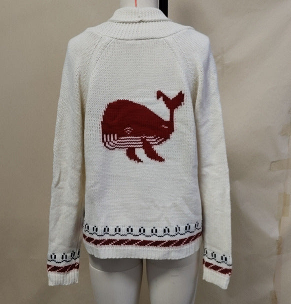 Women's Oversized Knitted Cardigan with Whale Motif and Nautical Contrast Trim